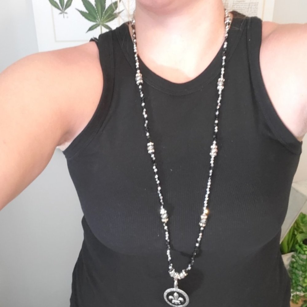 Fleur de Lis Pendant Long Necklace Beaded Black Sparkle Silver Party Classic